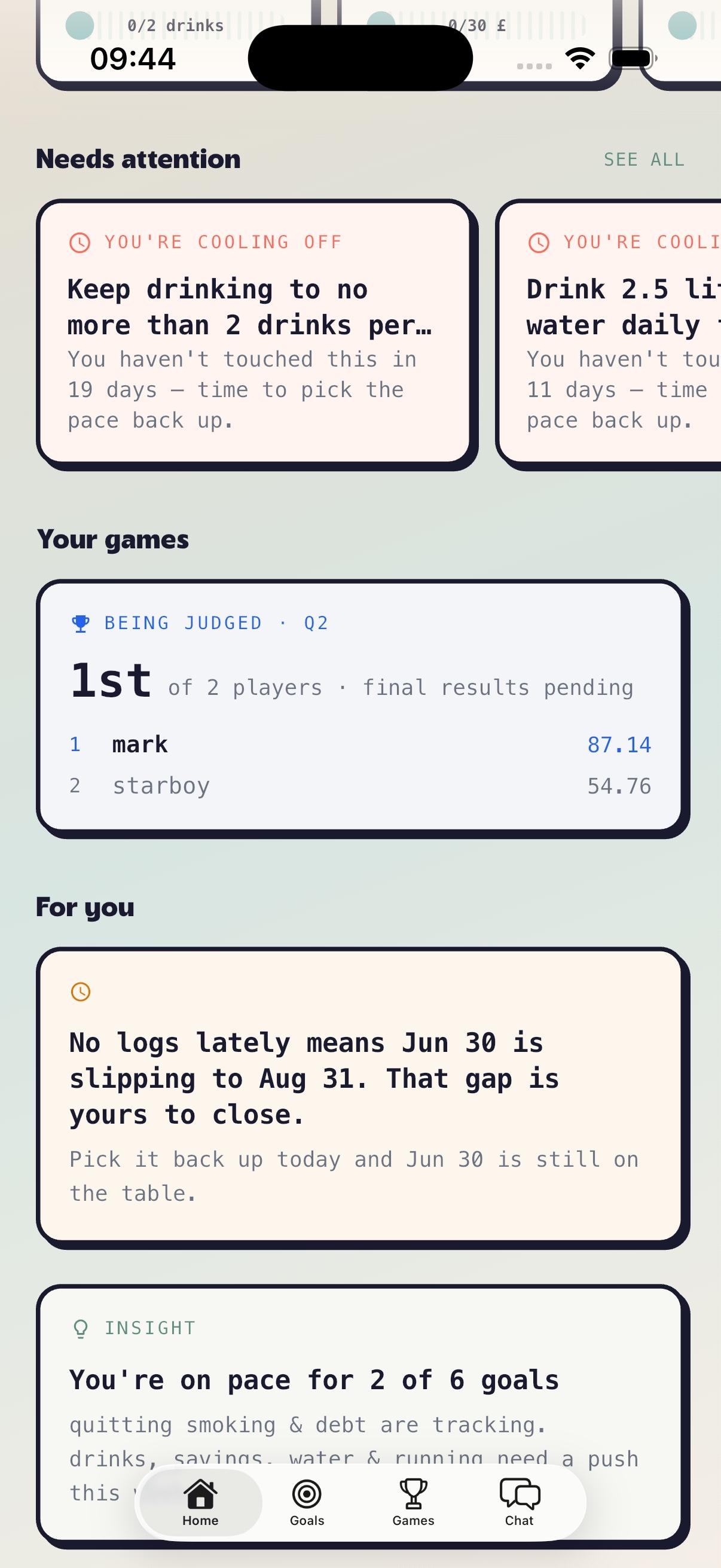 Goalympics home feed recomposed each visit with today's habits and highlights