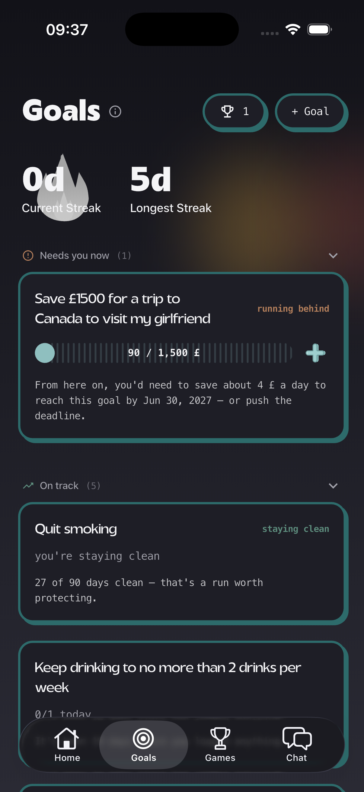 Goalympics goal reflection showing where you stand with AI insights
