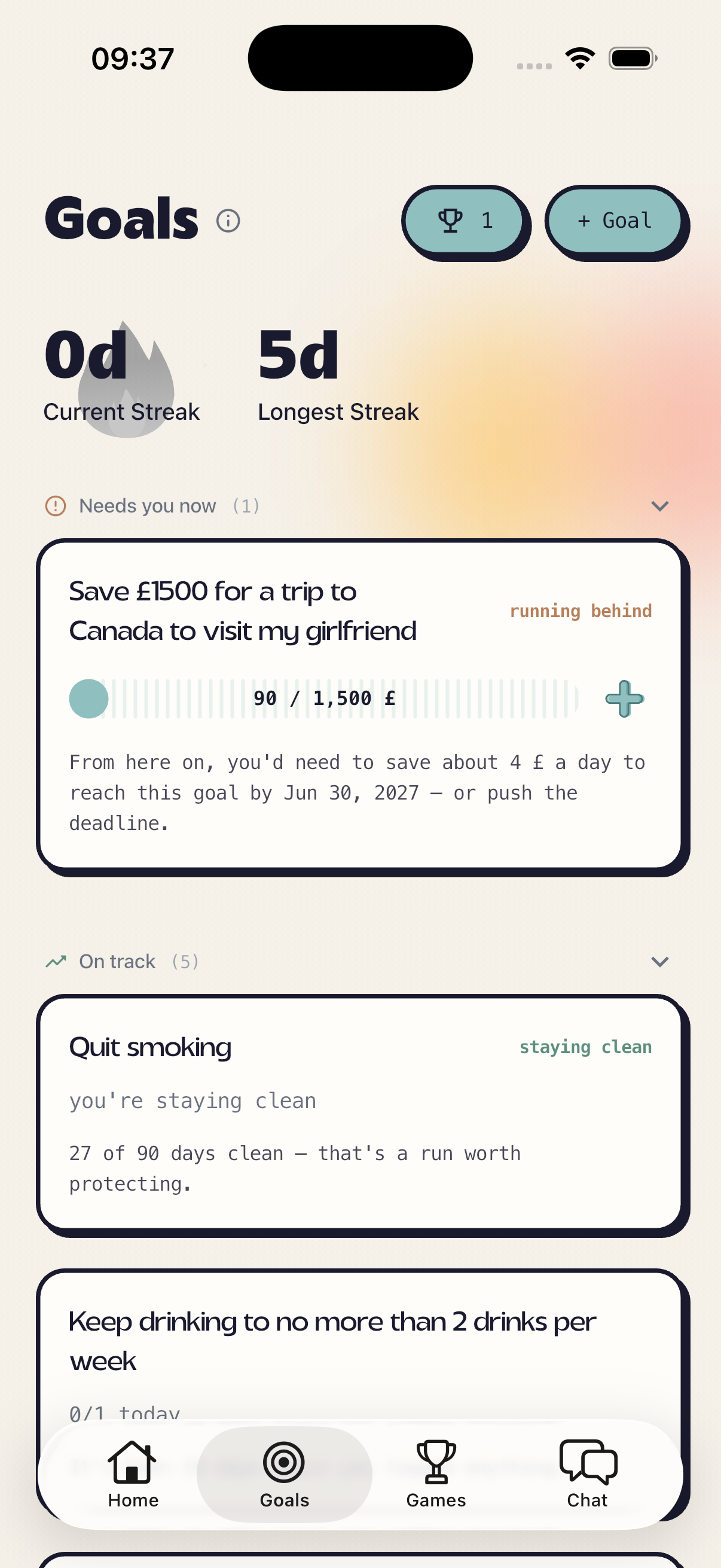 Goalympics goal reflection showing where you stand with AI insights
