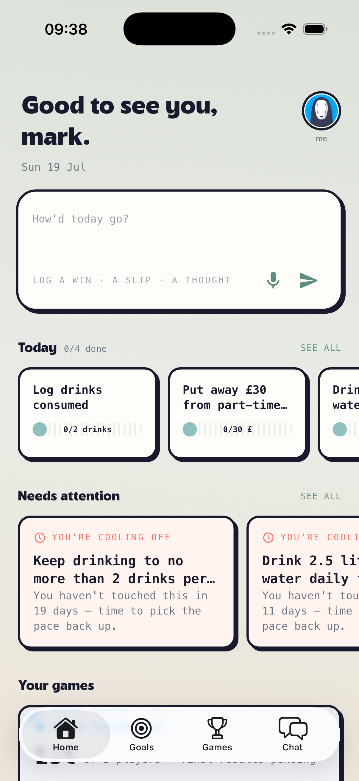 Goalympics home feed recomposed each visit with today's habits