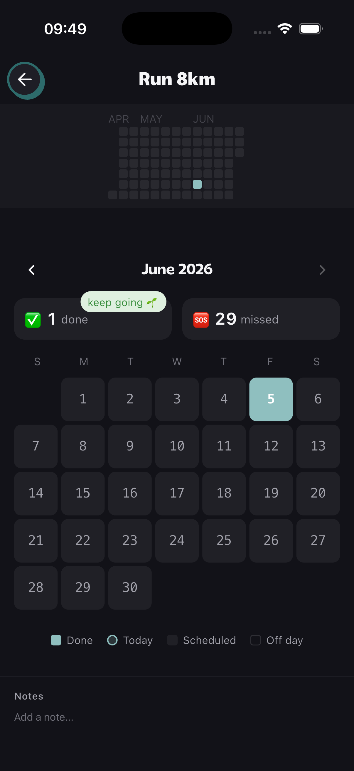 Goalympics goal reflection with 90-day check-in heatmap